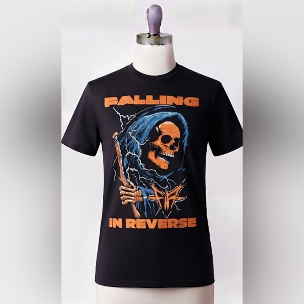 Falling In Reverse Graphic Skull Tee - Black/Orange sz medium